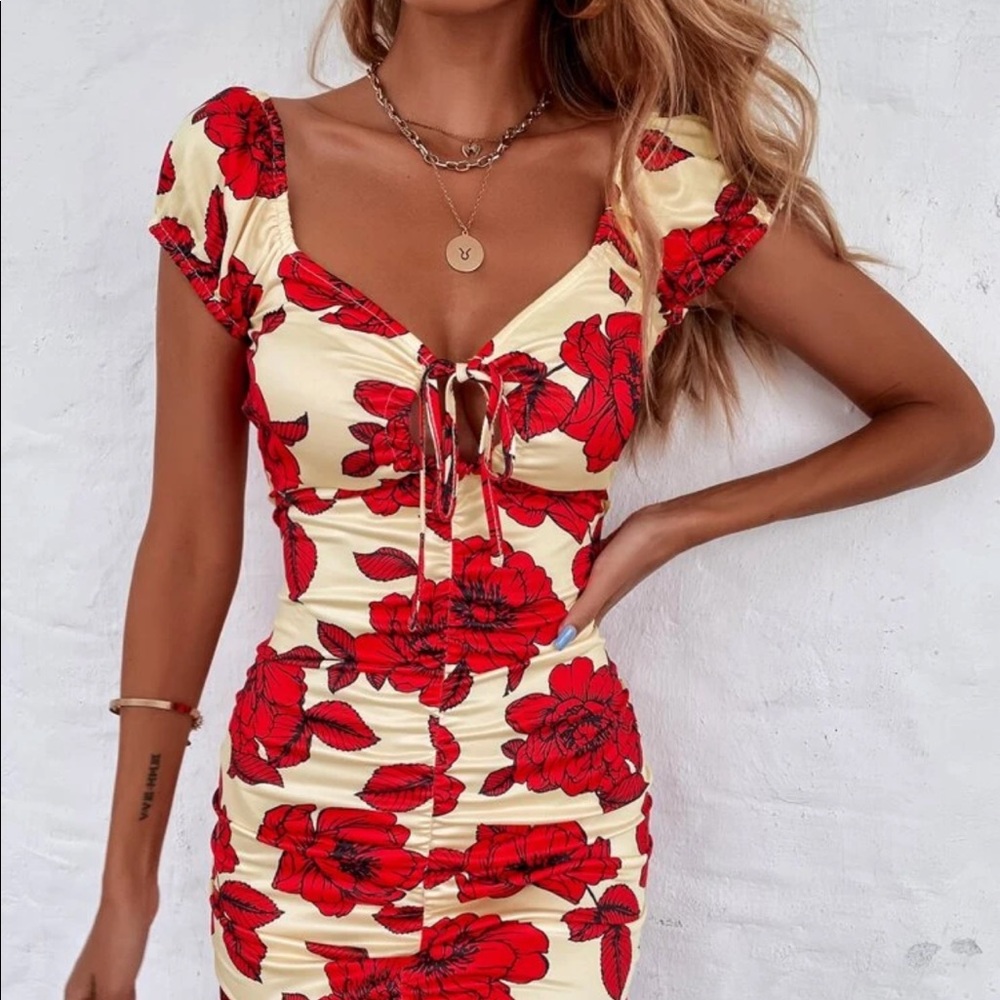 Floral Tie-Front Bodycon Dress - Red Floral on Cream